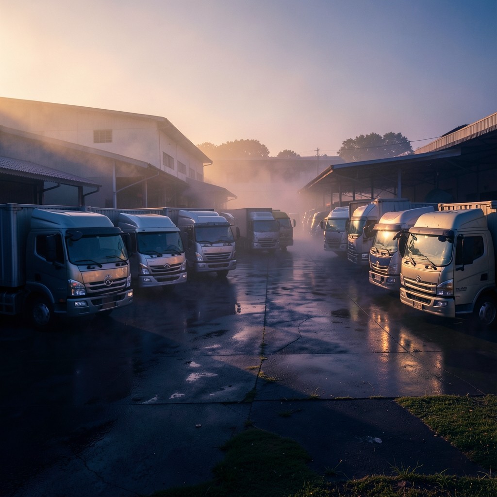 Early morning depot yard with trucks lined for dispatch