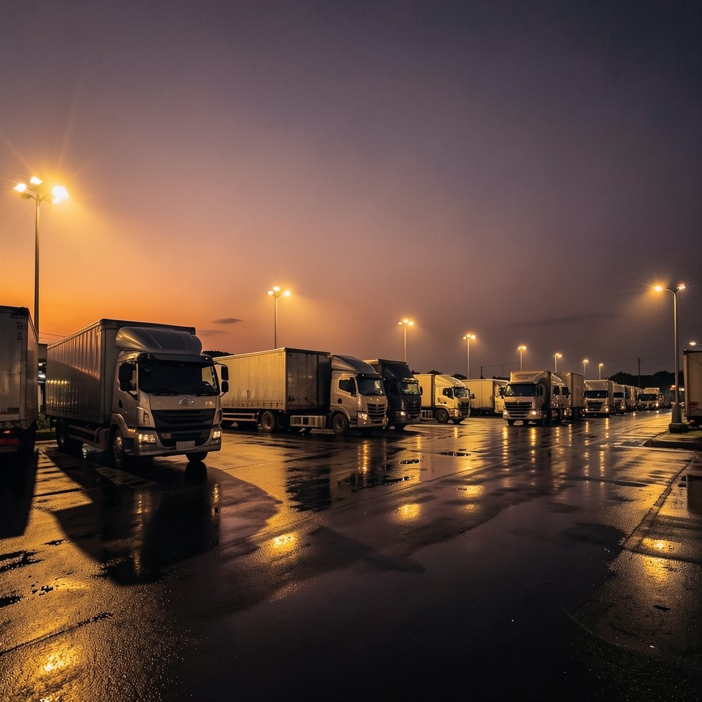 Trucks parked at a Bangkok depot at dusk under warm floodlights