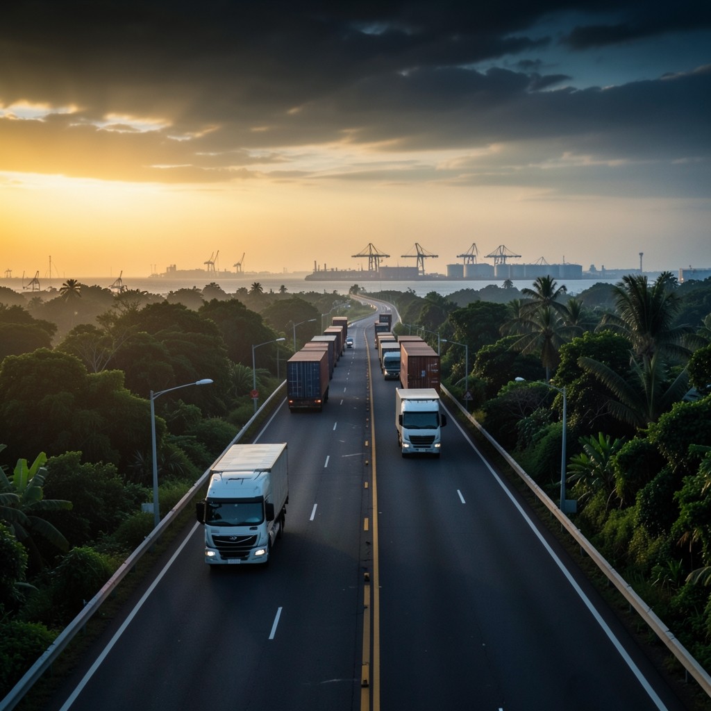 Highway view of container trucks heading toward industrial coastline
