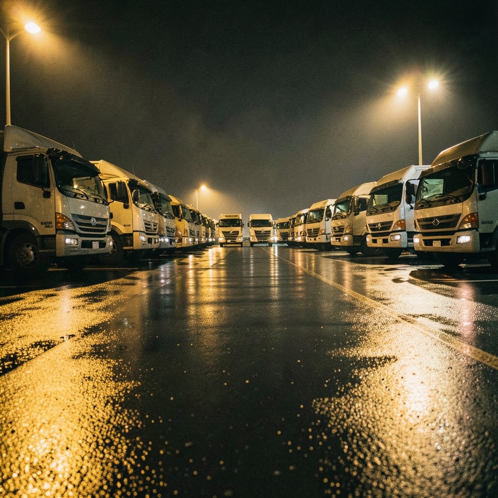 Night depot yard with lined trucks under warm cinematic lighting