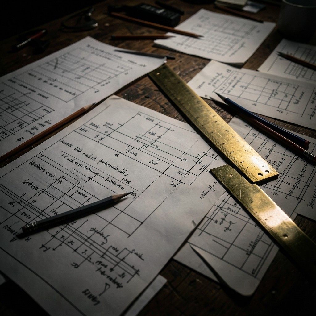 Cinematic view of a workshop table with trip sheets and utilization sketches