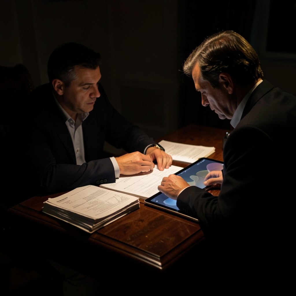 Analyst reviewing printed fleet trip reports beside a tablet