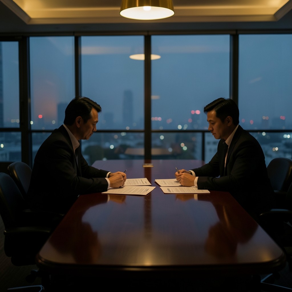 Evening meeting over fleet charts in a dimly lit office